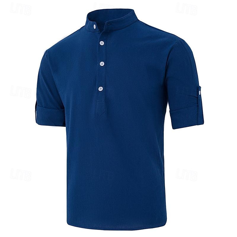 Per uomo Camicia camicia di lino Camicia in lino e cotone Camicia in cotone bianco Camicia con colletto cinese Camicia con colletto alla coreana Liscio Da mare Strada Nero Bianco Blu marino Blu del 2025 a $21.99 –P14