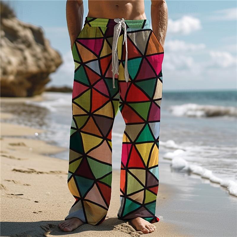 Herre Hawaiisk Fargeblokk Pledd / Tern Flerfarget Bukser 3D-utskrift Bukser med rett ben Medium Midje Elastisk midje med snøring utendørs Gate Ferie Sommer Vår Høst Komfortabel form Mikroelastisk 2025 - $25.99 –P2