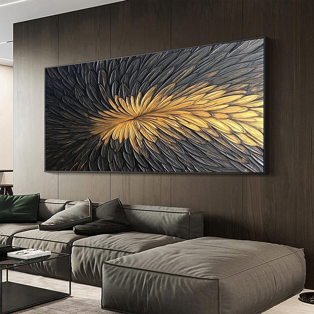 Handgemaltes abstraktes Federölgemälde auf Leinwand, handgemaltes modernes Wandgemälde in Gold und Schwarz für Wohnzimmer, Schlafzimmer, Wanddekoration, individuell strukturiertes Gemälde 2025 - $69.99 –P5