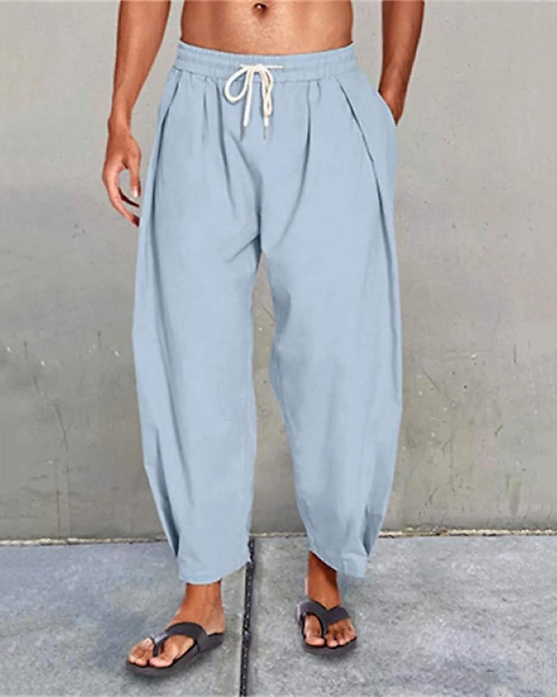 Férfi Vászon nadrág Nadrág Nyári nadrág Strand nadrág Hárem nadrág Zsinór Zseb Rugalmas derék Sima Mokaszinok Légáteresztő Napi Tengerpart Vakáció Hawaii Boho Fekete Fehér 2026 - $22.99 –P4