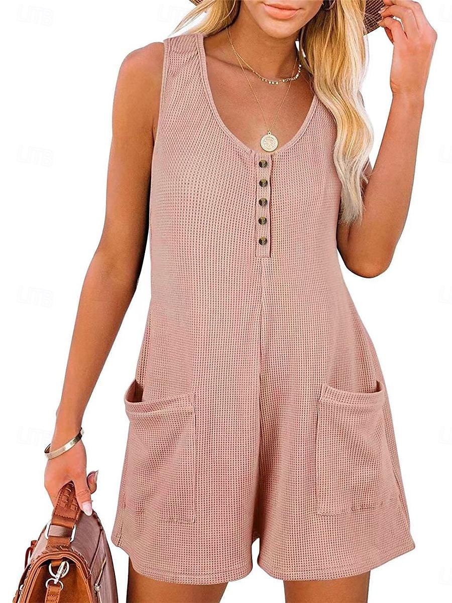 Dam Vanligt Jumpsuits Streetwear Ensfärgat Ärmlös V-hals Knappar Ficka Gata Dagligen Normal Svart Rodnande Rosa Vin Sommar 2025 - $22.99 –P15