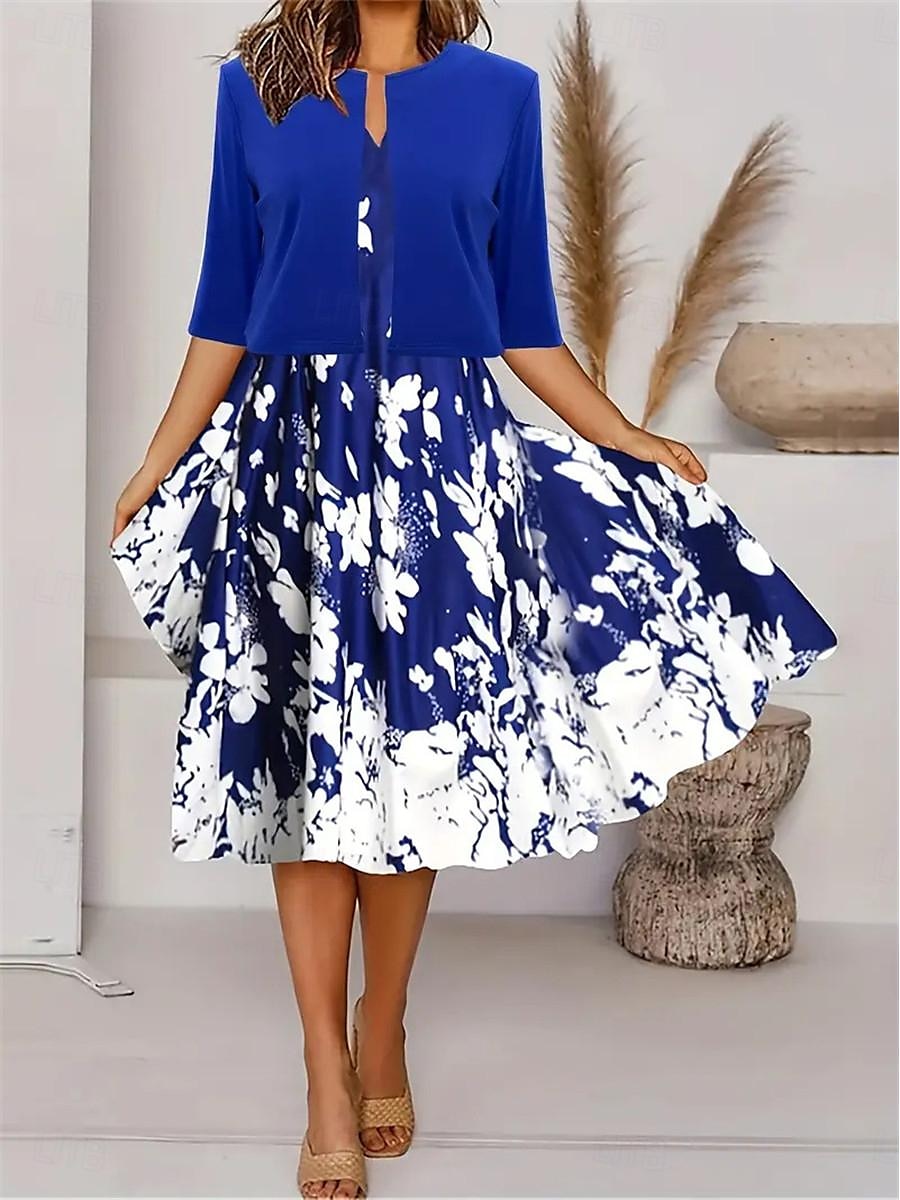 Pentru femei Set de rochii Rochie casual Rochie leagăn Rochie imprimata Modă Modern Floral Imprimeu Rochii Midi Manșon Jumate În V În aer liber Dată Alb Albastru regal Albastru piscină Vară Fit 2025 - $38.99 –P20