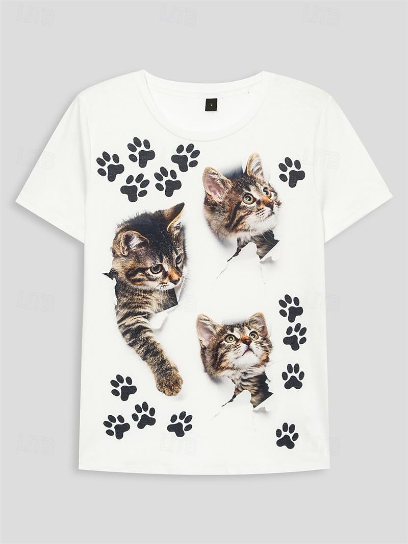 t-shirt basique à manches courtes pour femme, imprimé chat, col rond, décontracté, week-end, blanc de 2025 ? $19.99 –P2