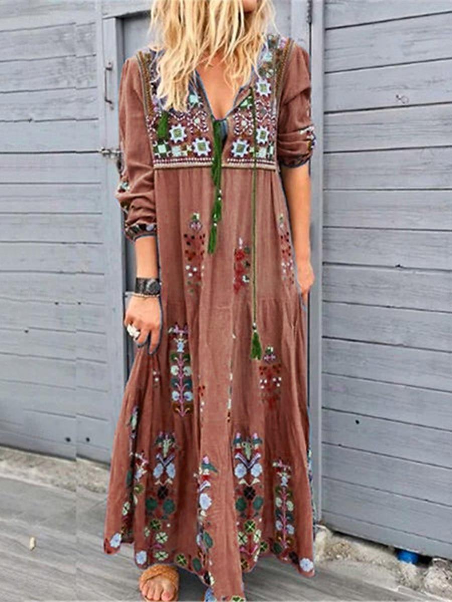 dames boho maxi jurk rood met ethisch bloemenprint v-hals driekwart mouw casual losse pasvorm strandfeest zomer mode kleding kleding 2025 - $33.99 –P3