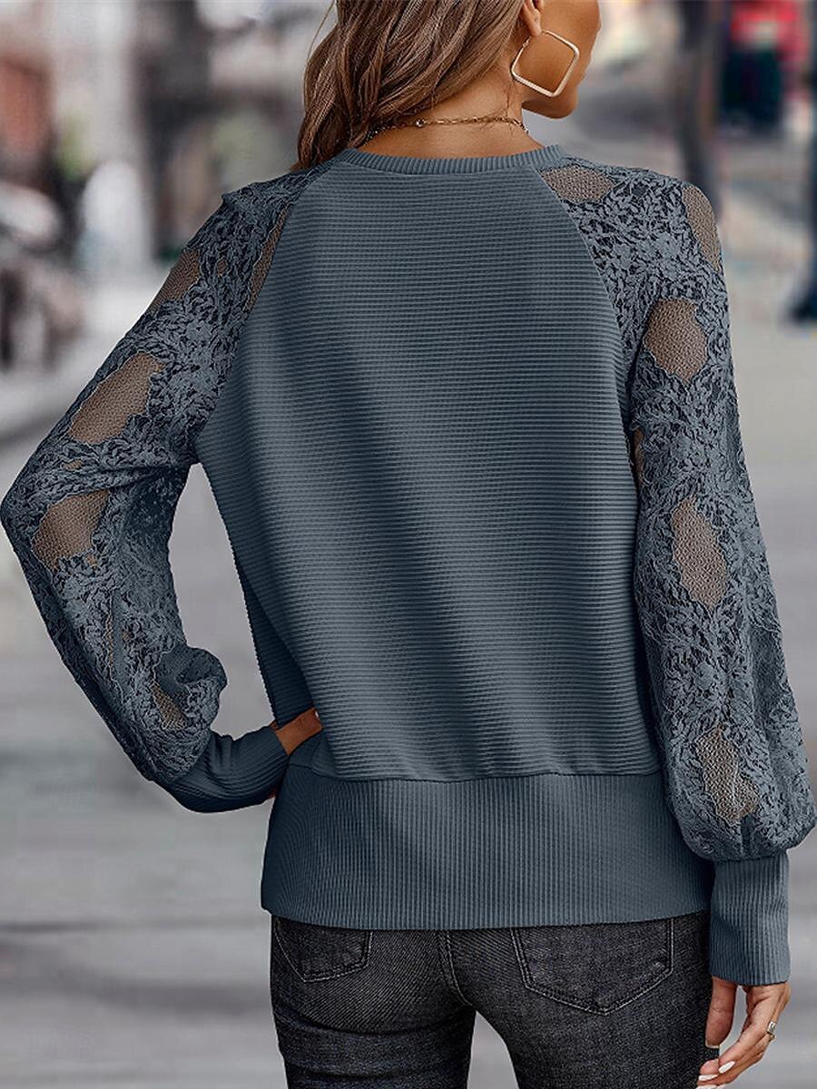 Top in pizzo elegante da donna con occhiello blusa alla moda moderna patchwork in pizzo maniche lunghe regolare scollatura a V casual romantico top petite estivi per le vacanze nere marroni verdi del 2025 a $29.99 –P6