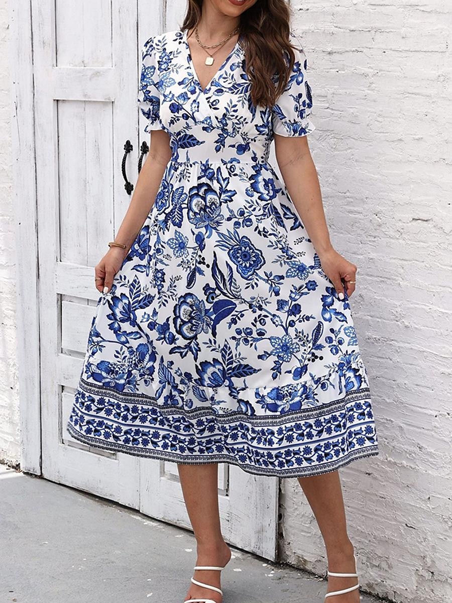 Damen Midikleid Casual kleid Schaukelkleid A Linie Kleid Sommerkleid Strassenmode A-Linie Urlaub Strasse Festtage Regular Fit Blumen Kurzarm V Ausschnitt Schwarz Rote Blau Grün Sommer 2026 - $27.99 –P10