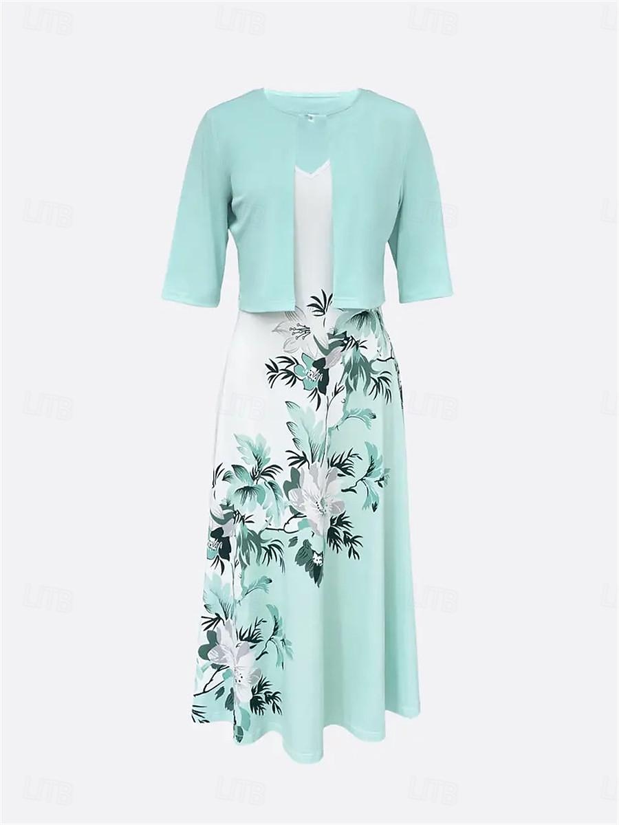Pentru femei Set de rochii Rochie casual Rochie leagăn Rochie imprimata Modă Modern Floral Imprimeu Rochii Midi Manșon Jumate În V În aer liber Dată Alb Albastru regal Albastru piscină Vară Fit 2025 - $38.99 –P9