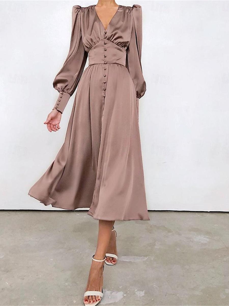 Dames Witte jurk Lange jurk maxi-jurk nappi Afspraakje Vakantie Streetwear Maxi V-hals Lange mouw Zwart Wit Blozend Roze Kleur 2025 - $60.99 -P10