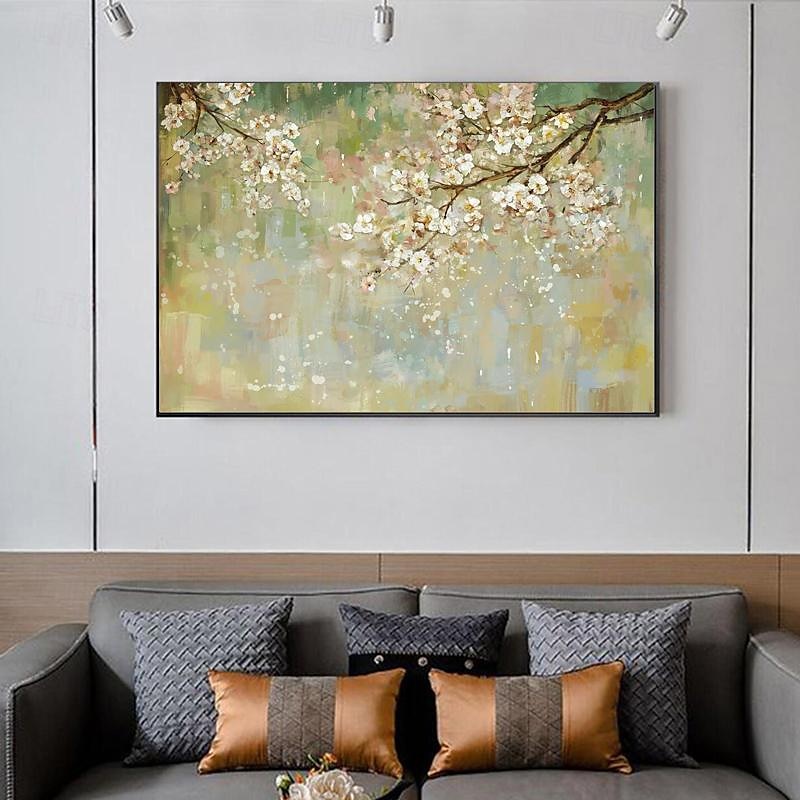 handgemaltes abstraktes Kirschblüten-Ölgemälde auf Leinwand, großes Wandkunstwerk, originale Blütenkunst, weißes Gemälde, Blumengemälde, Wohnzimmerdekoration, gespannte Leinwand, fertig zum Aufhängen 2025 - $154.99 –P6