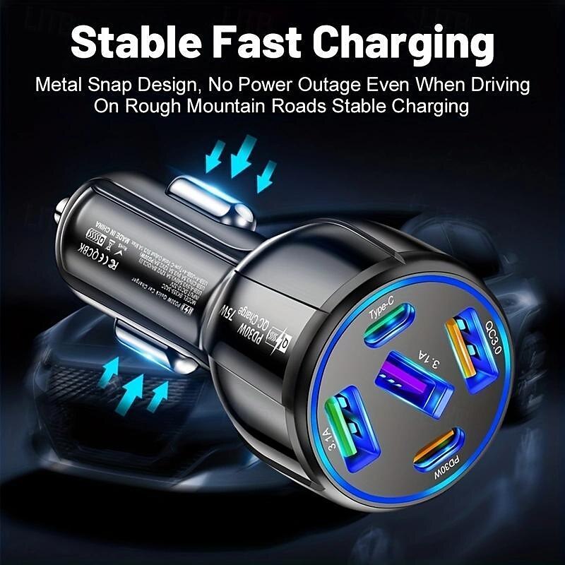 2025年 5-in-1 デュアルライン車の充電器 75 ワット急速充電 1 トウ 5 3usb2pd 自動車電話充電器  コレクション – $14.99 –P2