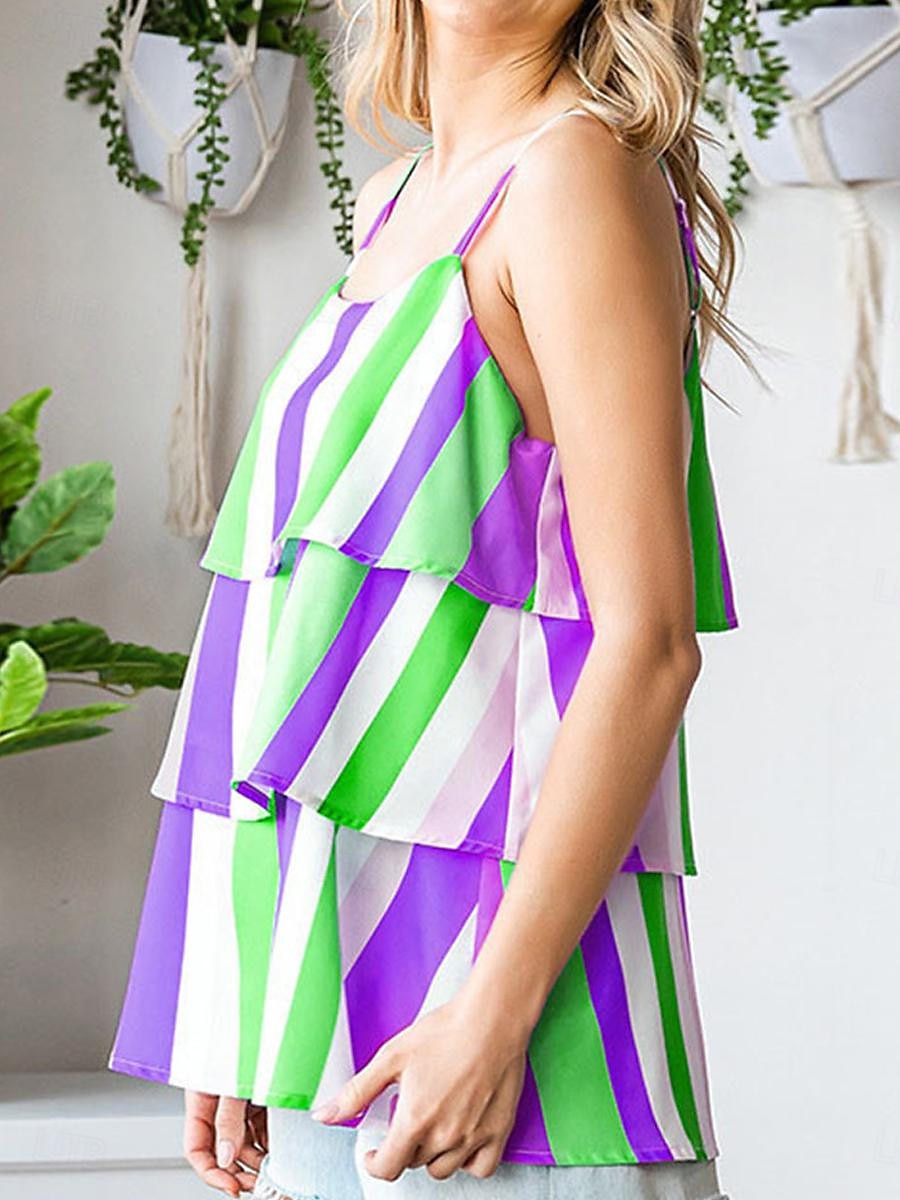 Débardeur Femme à Bretelles Débardeur Mode Streetwear Moderne Rayé Volant Imprimé Superposé Sans Manches Tops Réguliers Col V Décontracté Plage Jaune Violet Fuchsia Orange Vert Été de 2025 ? $18.99 –P5