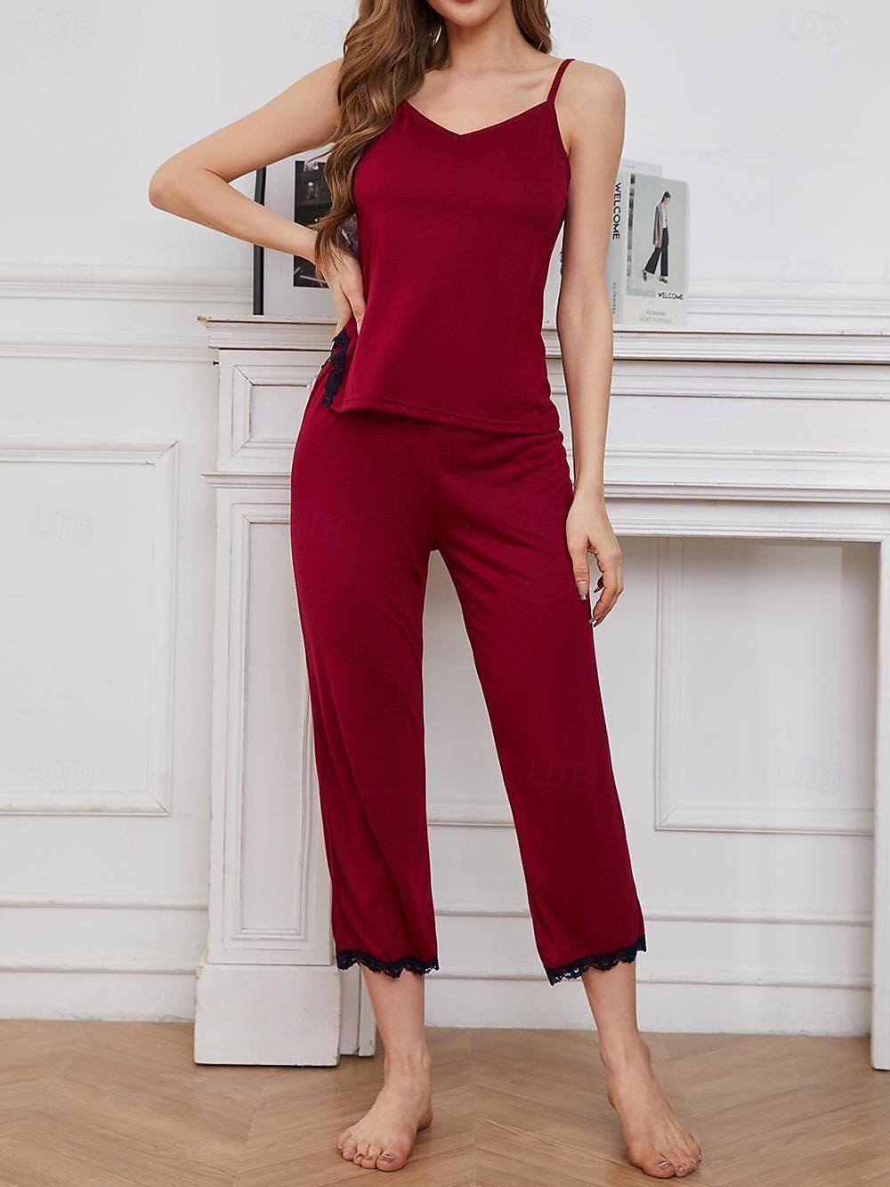 pigiama da donna set colore puro comfort casa quotidiano letto traspirante cinturino top pantaloni estate casa abiti del 2026 a $27.99 –P7