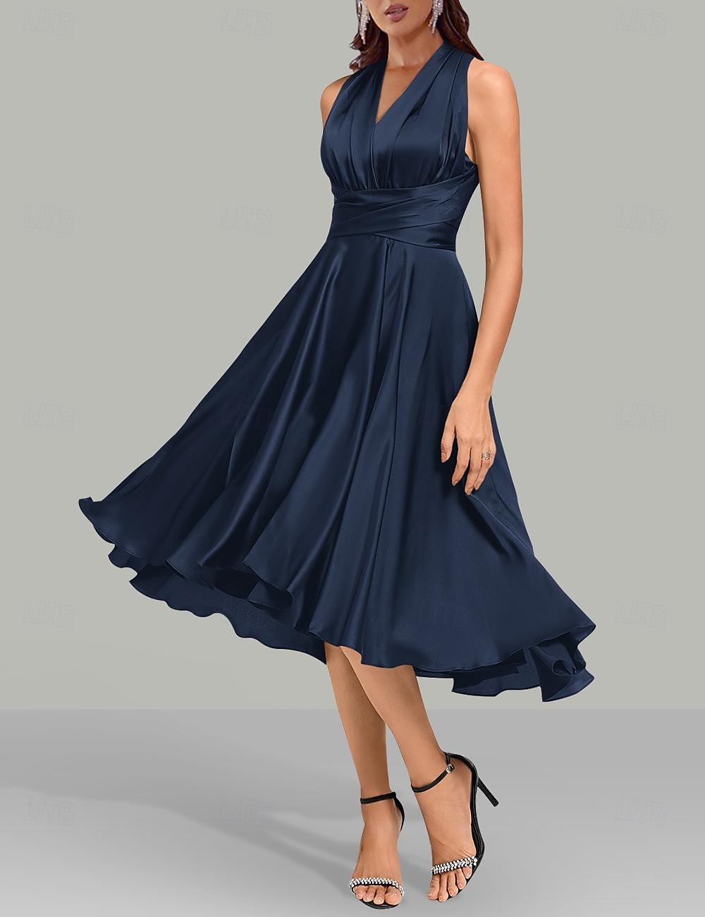 Vestidos de Convidada de Casamento em A Vestido Elegante Formal Verão Comprimento de Chá Sem Mangas Um Ombro Satin Conversível com Pregas de 2025 por $146.99 –P1