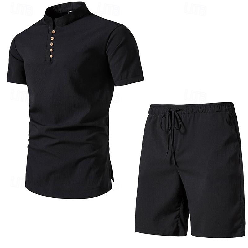 Men's Linen Shorts Summer Shorts Beach Shorts Set Pocket Drawstring Elastic Waist Plain Comfort Breathable Short Vacation Holiday Beach Hawaiian Boho Black White 2025 - $25.99 –P7