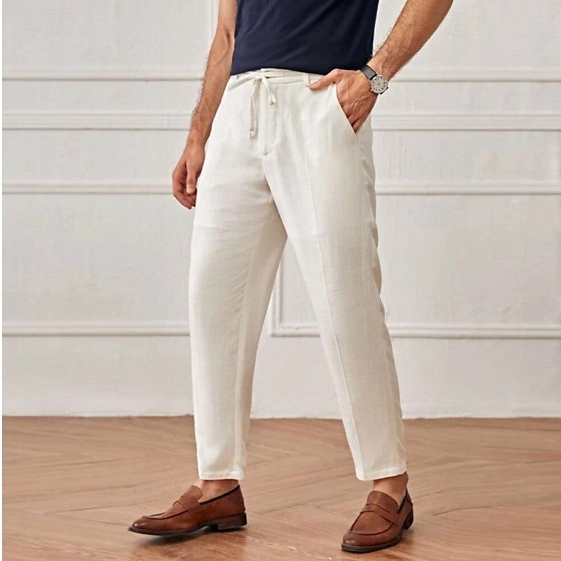 Herr Linne Byxor Långbyxor Sommarbyxor Strandbyxor Ficka Snörning Elastisk midja Slät Komfort Andningsfunktion Dagligen Helgdag Semester Hawaiisk Boho Vit 2025 - $34.99 –P1