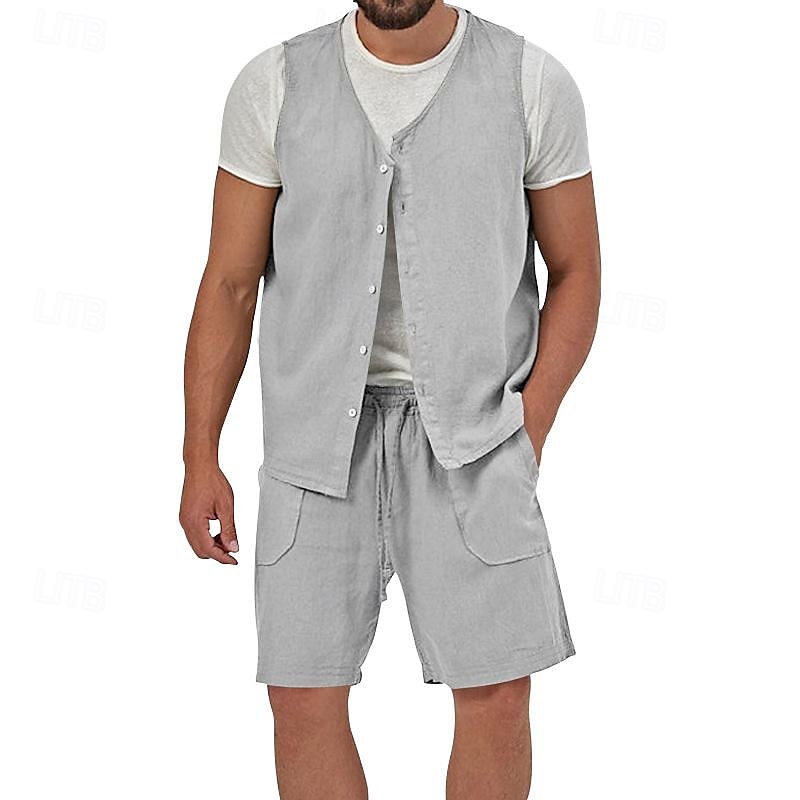 Men's Linen Shorts Summer Shorts Beach Shorts Set Pocket Drawstring Elastic Waist Plain Comfort Breathable Short Holiday Vacation Beach Hawaiian Boho Black Yellow 2025 - $34.99 –P7