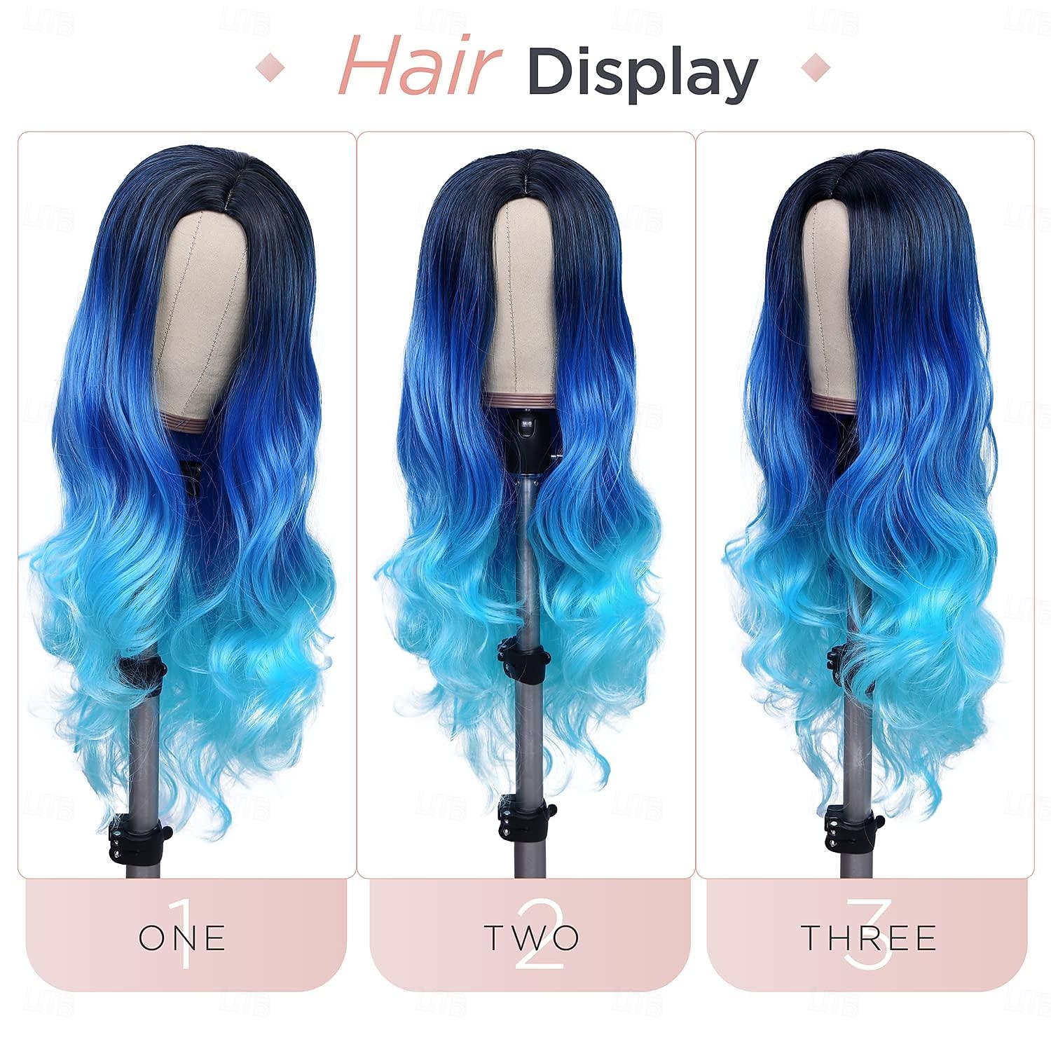 Hosszú kék hullámos parókák nőknek ombre kék tengerész haj parókák hosszú göndör szintetikus haj mindennapi vagy cosplay Halloween parókákhoz 2025 - $21.99 –P7