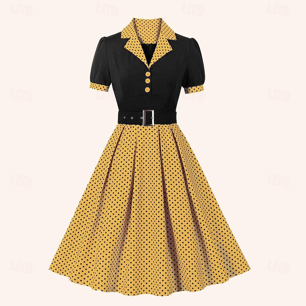 Retro 50. léta Polední A-Line šaty Houpací šaty Košilové šaty S páskem Puntíky Přehnutý Dámské Karneval Ležérní Denní nošení Retro tematická párty Dospělé Šaty Jaro léto 2025 - $32.99 –P18