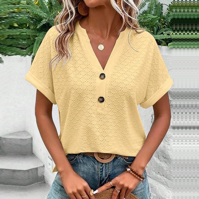 chemisier femme dentelle à œillets col en V blanc boutonné devant manches courtes haut d'été décontracté léger respirant coupe ample de 2025 ? $21.99 –P8