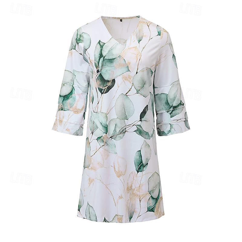Dame Mini kjole Semi formell kjole Mini kjole Solkjole Kjole med A-linje Mote Klassisk Moderne Volanger erme Utvidet erme Feriereise Daglig Ferie Normal Blomstret Grafisk Blad 3/4 ermer V-hals Hvit 2025 - $46.99 –P1