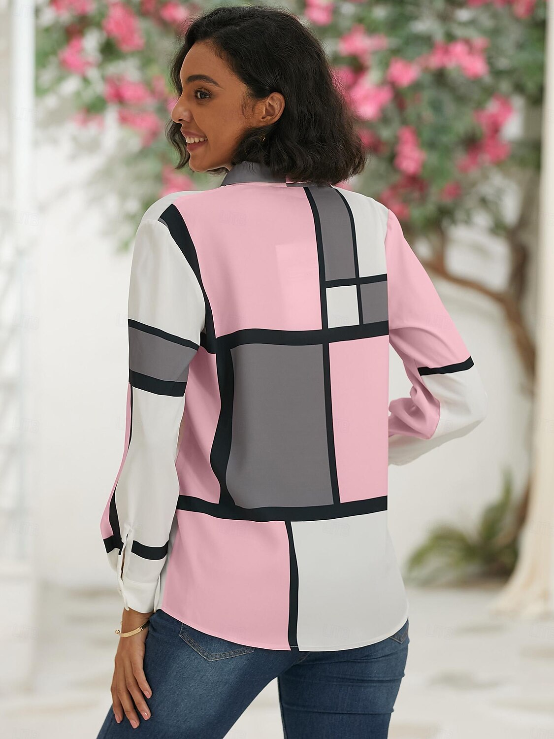 Camicia Donna Moda Flanella Stampa Bottoni Maniche Lunghe Top Regolari Collo Camicia Casual Rosa Viola Primavera Autunno del 2025 a $32.99 –P8