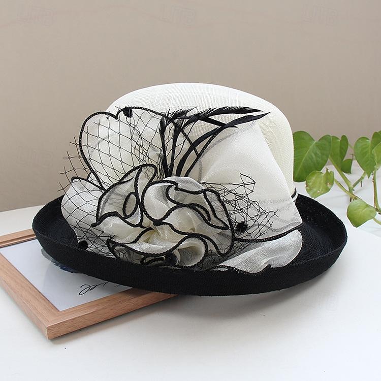 Fascinators Hats Headwear Polyester Bucket Hat Straw Hat Sun Hat Casual Holiday Elegant Vintage With Feather Bows Headpiece Headwear 2025 - $30.99 –P4