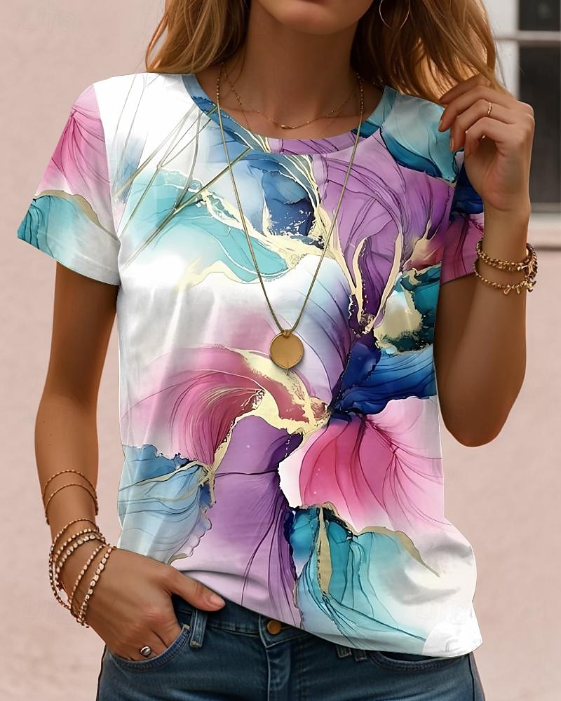 t-shirt femme mode imprimé floral manches courtes hauts réguliers col rond quotidien week-end blanc jaune bleu violet été de 2025 ? $19.99 –P6