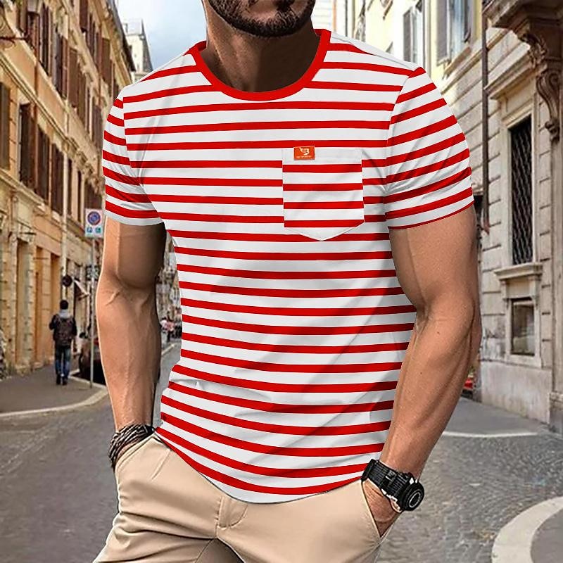 2025年 男性用 Tシャツ 半袖シャツ ティートップ 半袖 クルーネック 春夏 ストライプ ファッション デザイナー ベーシック セクシー バケーション ストリート お出かけ ブラック ルビーレッド ネイビーブルー メンズトップTシャツ  コレクション – $16.99 –P5