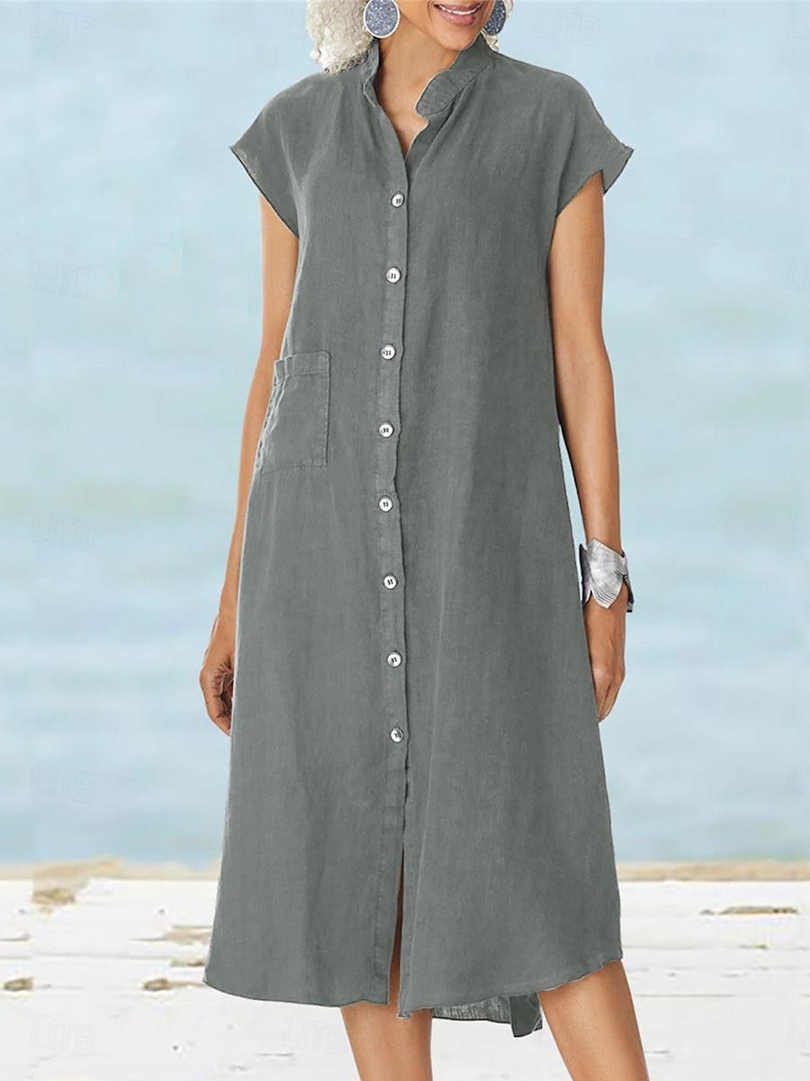 Pentru femei Negru Alb Roșu Vin Vară Primăvară Rochii Midi Rochii de in bumbac Rochii Tip Cămașă Rochie casual De Bază Modern Zilnic Sfârșit de săptămână Potrivire Largă Simplu Guler de stand 2025 - $22.99 –P7