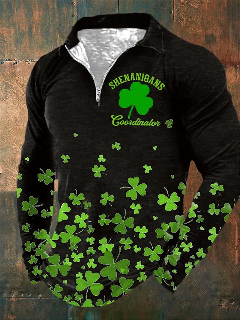 St.Patrick's Day Men's Zip Polo Polo Shirt Golf Shirt Saint Patrick Day St. Patrick's Day Clover Turndown Black White Green Outdoor Street Long Sleeve Zipper Print Clothing Apparel Fashion Streetwear 2025 - $23.99 –P6