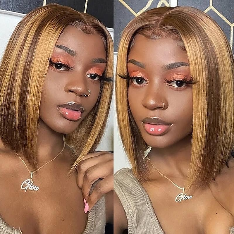 Highlight Bob Wig 4x4 Closure Bob Wig with Highlights Transparent Straight Short Bob Lace Wigs 2025 - $127.99 –P1