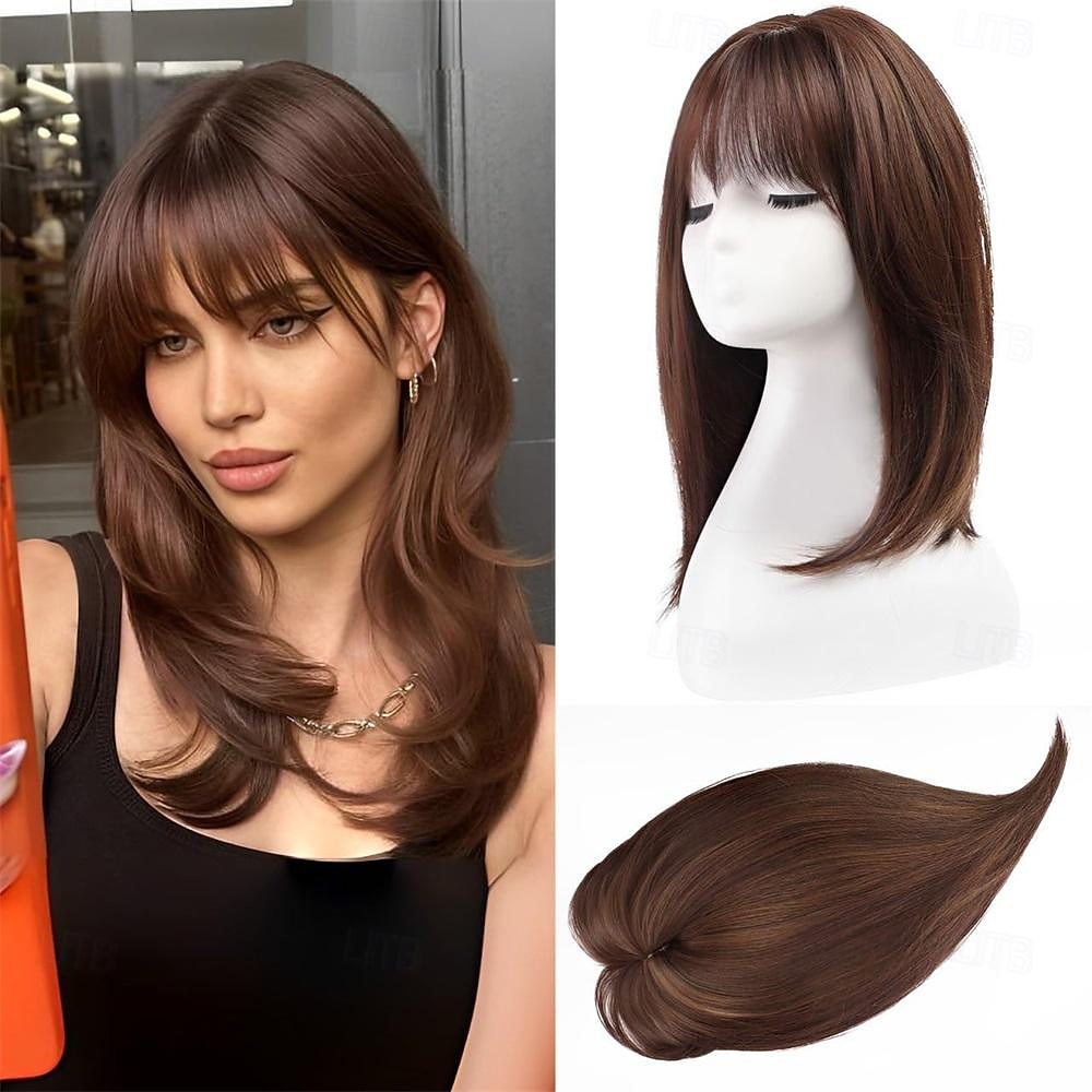 Topper de cabelo de 14 polegadas para mulheres com cabelos ralos, perucas toppers para cabelos ralos com franja, cobertura de base grande, topper de cabelo sintético, prendedores de cabelo, marrom de 2025 por $14.49 –P3