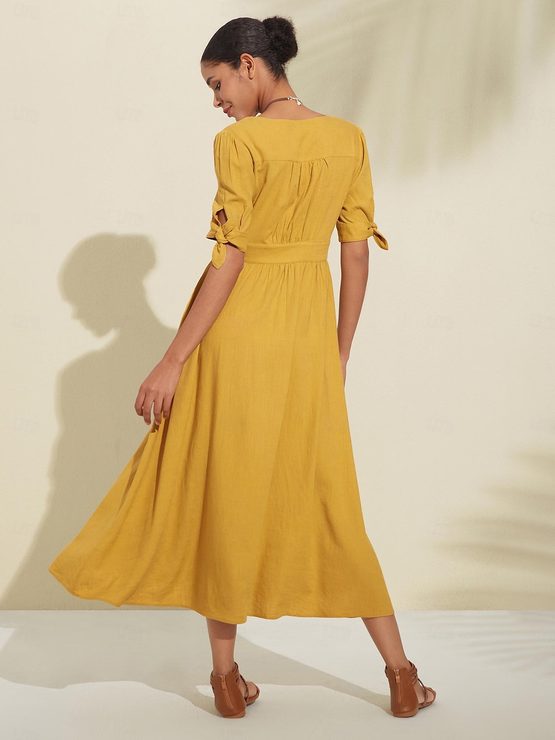 Women's Linen Blend Yellow Bow Detail Midi Tea Dress 2025 - $69.99 –P2