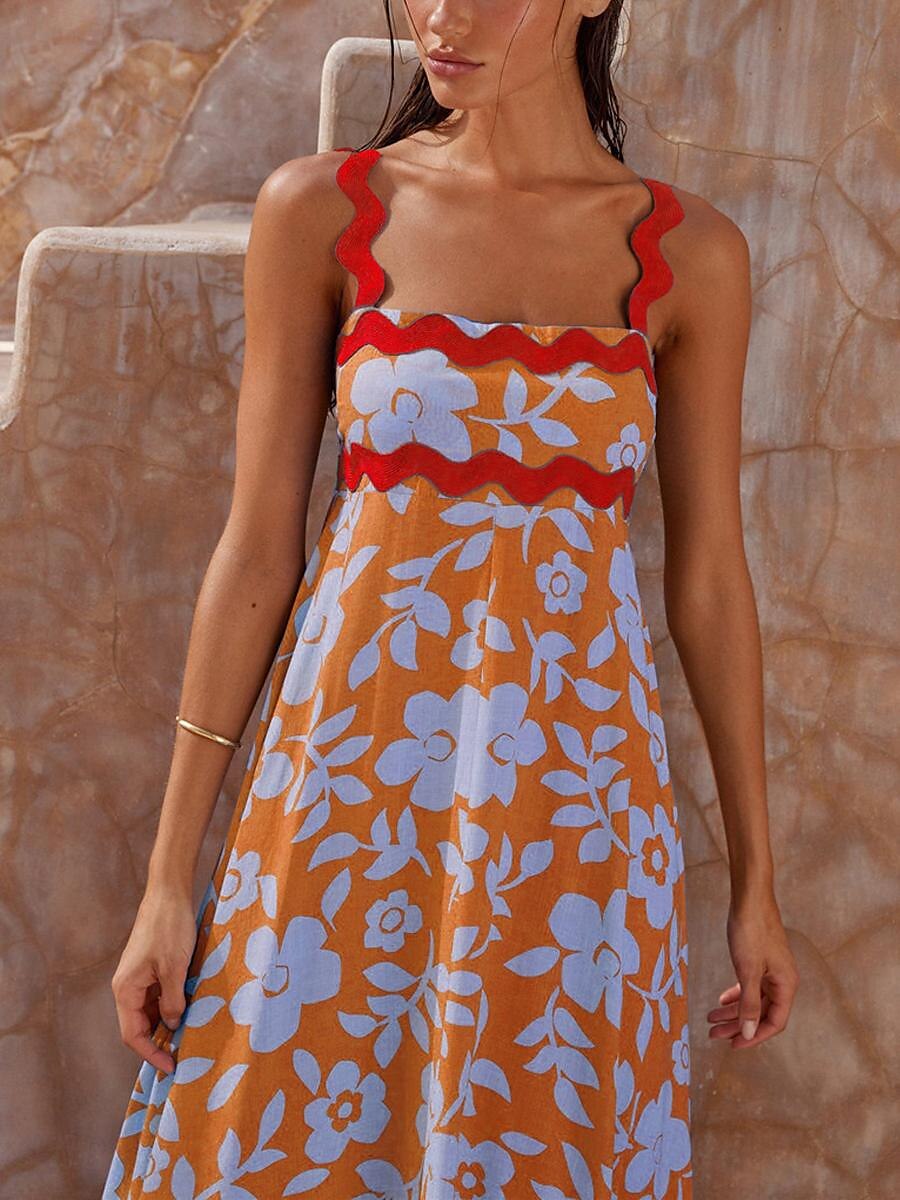 Damen Freizeitkleid Unterkleid Strandkleid Blumen rückenfrei Print Träger langes Kleid Maxikleid tropischer Hawaiiurlaub ärmellos Sommer 2025 - $41.99 –P17