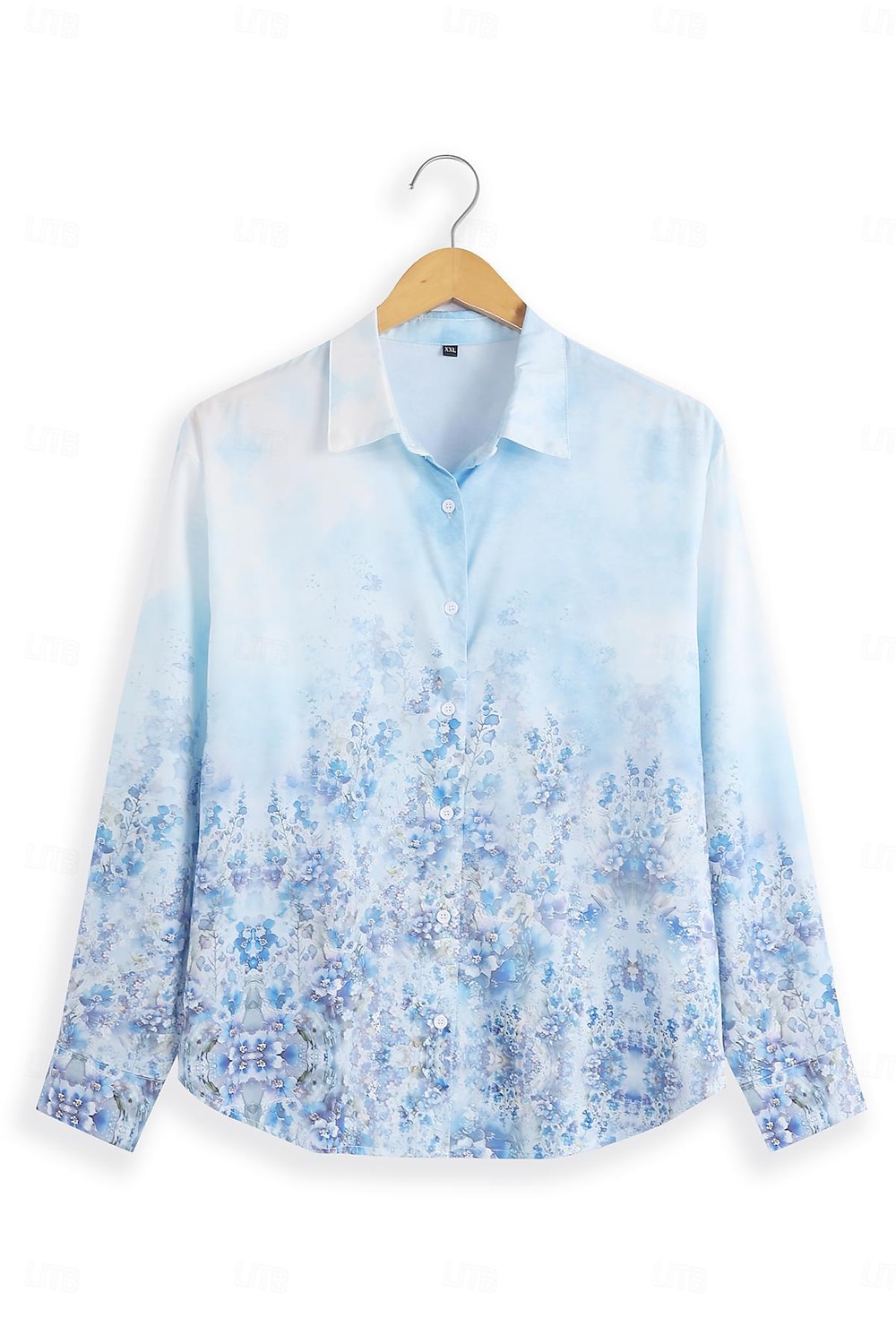 Camicia da donna moda floreale stampa bottoni maniche lunghe top regolare colletto casual vacanza blu verde khaki primavera e autunno del 2025 a $32.99 –P2