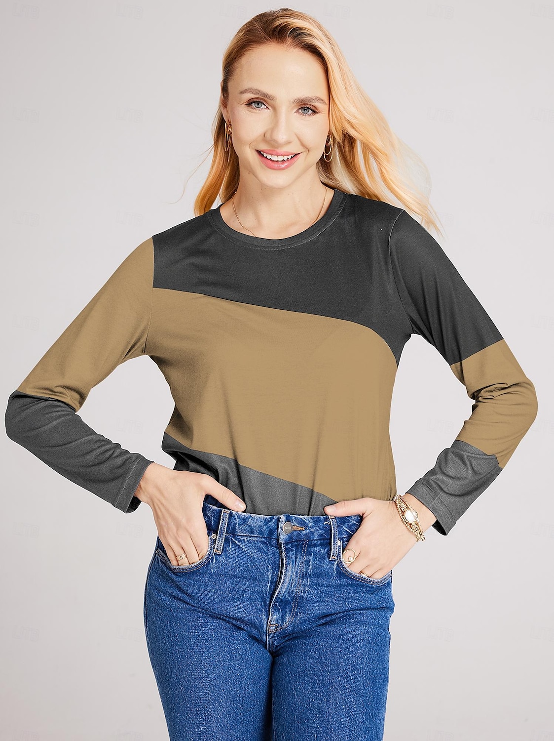 2025年 女性用 Tシャツ カラーブロック 日常 ベーシック 長袖 ラウンドネック レギュラートップス 日常 週末 プリント ピンク ブルー グリーン カーキ色 秋冬 コレクション – $3.79 –P9