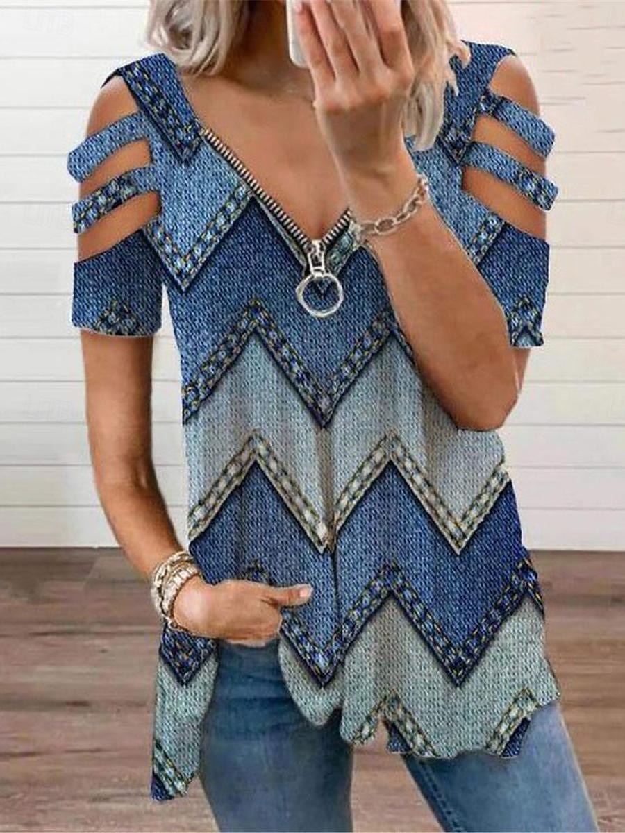 chemisier femme mode moderne bloc de couleurs patchwork découpé imprimé manches courtes hauts réguliers col en V décontracté noir arc-en-ciel été de 2025 ? $26.99 –P4
