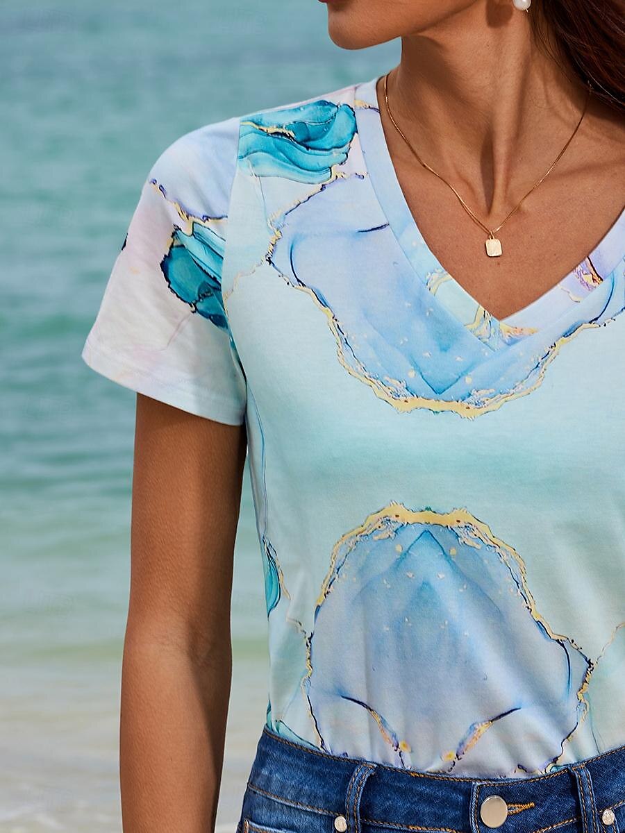 Women's T Shirt Marble Print Short Sleeve Round Neck Regular Tops Casual Daily Print Sky Blue All Seasons 2025 - $38.99 –P4