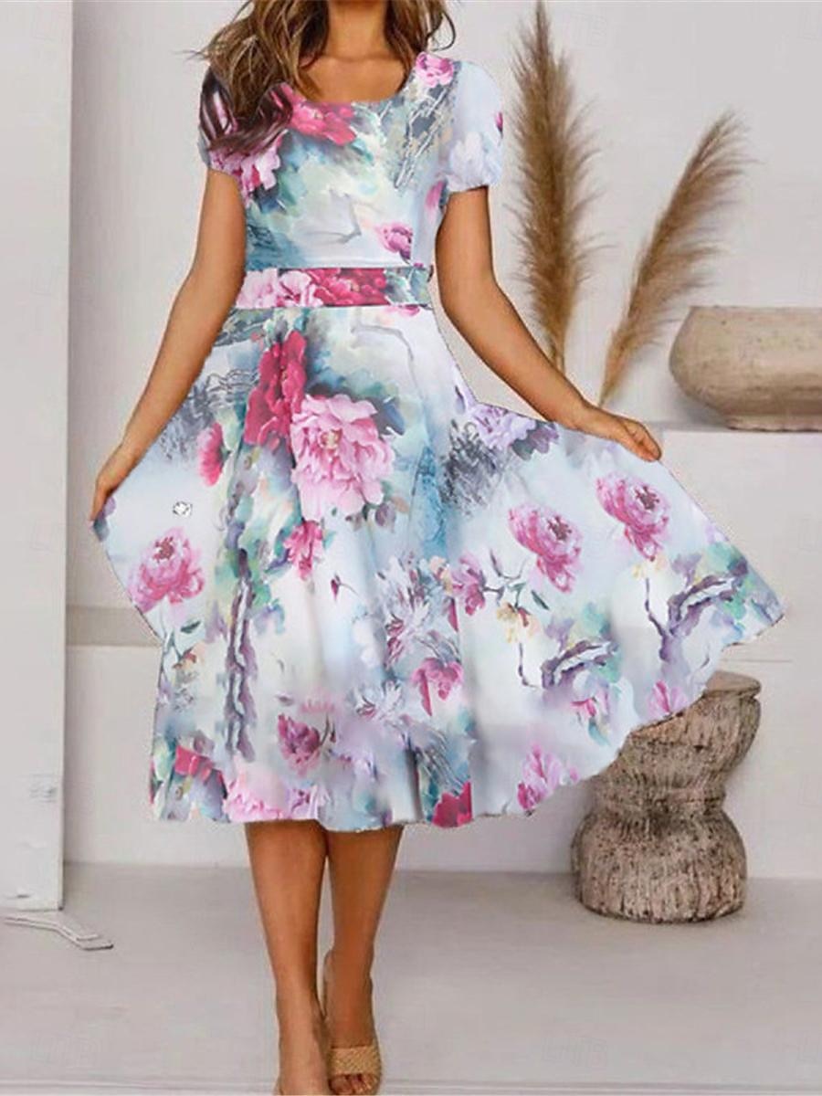 Women's Casual Dress Floral Print Crew Neck Midi Dress Vacation Short Sleeve Summer 2025 - $33.99 –P3