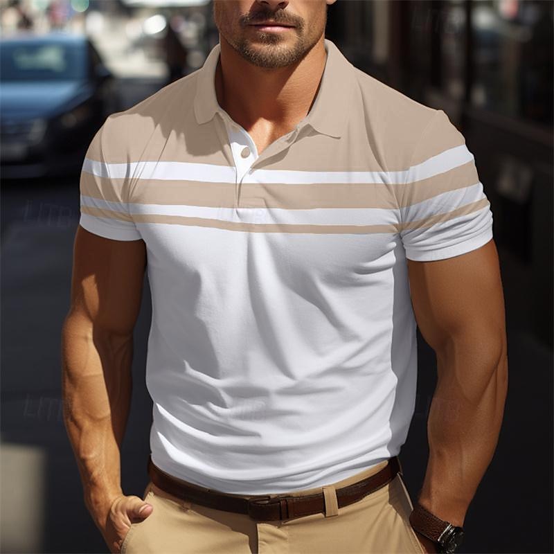 Men's Golf Shirt Golf Polo Work Casual Lapel Short Sleeve Basic Modern Color Block Stripes Button Spring & Summer Regular Fit Black Navy Blue Brown Green Light Blue Grey Golf Shirt 2025 - $12.99 –P6