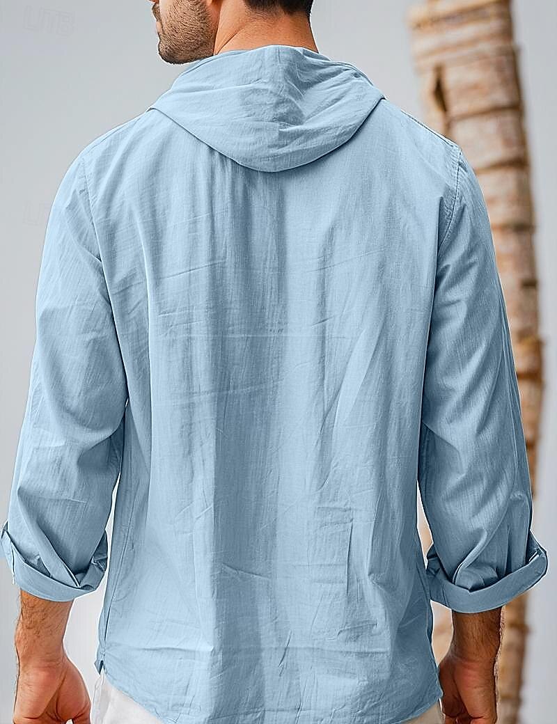 Hombre Camisa camisa de lino Plano Casual Diario Negro Blanco Azul Piscina Caqui Manga Larga Con Capucha Primavera verano Ropa Botones 2025 - $25.99 –P2