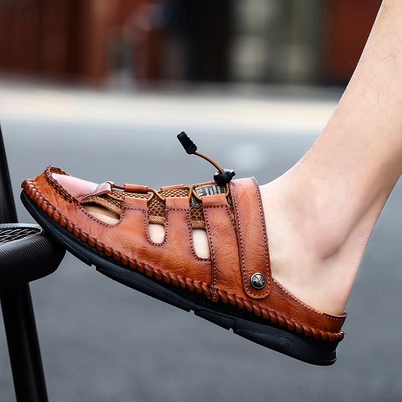 sandálias masculinas de pescador de couro sintético marrom para atividades ao ar livre – calçados casuais respiráveis com tira ajustável para caminhadas e caminhadas no verão de 2025 por $49.99 -P3