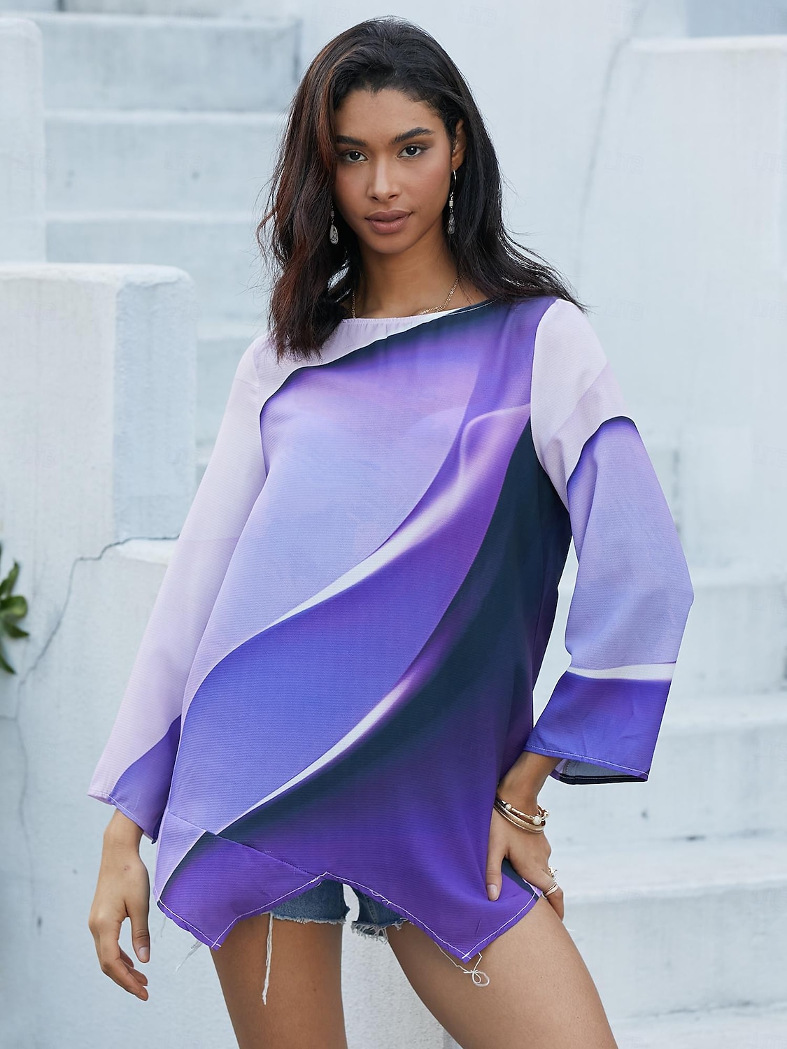 Kvinnors Blus Tunika Top Chiffon Stilig Neon  Ljusa Ombre Mönster Asymmetrisk Kant Långärmad Lång Tops Rundhals Casual Daglig Rosa Lila Orange Grön Grå Vår Höst 2025 - $24.99 -P2