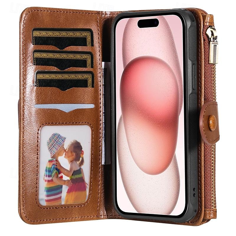 Retro θήκη πορτοφολιού με φερμουάρ για iPhone 16 15 14 13 12 11 Pro Max Plus Mini SE – Αποσπώμενη μαγνητική αναστροφή θήκη καρτών PU δέρμα 2025 - $32.99 –P5