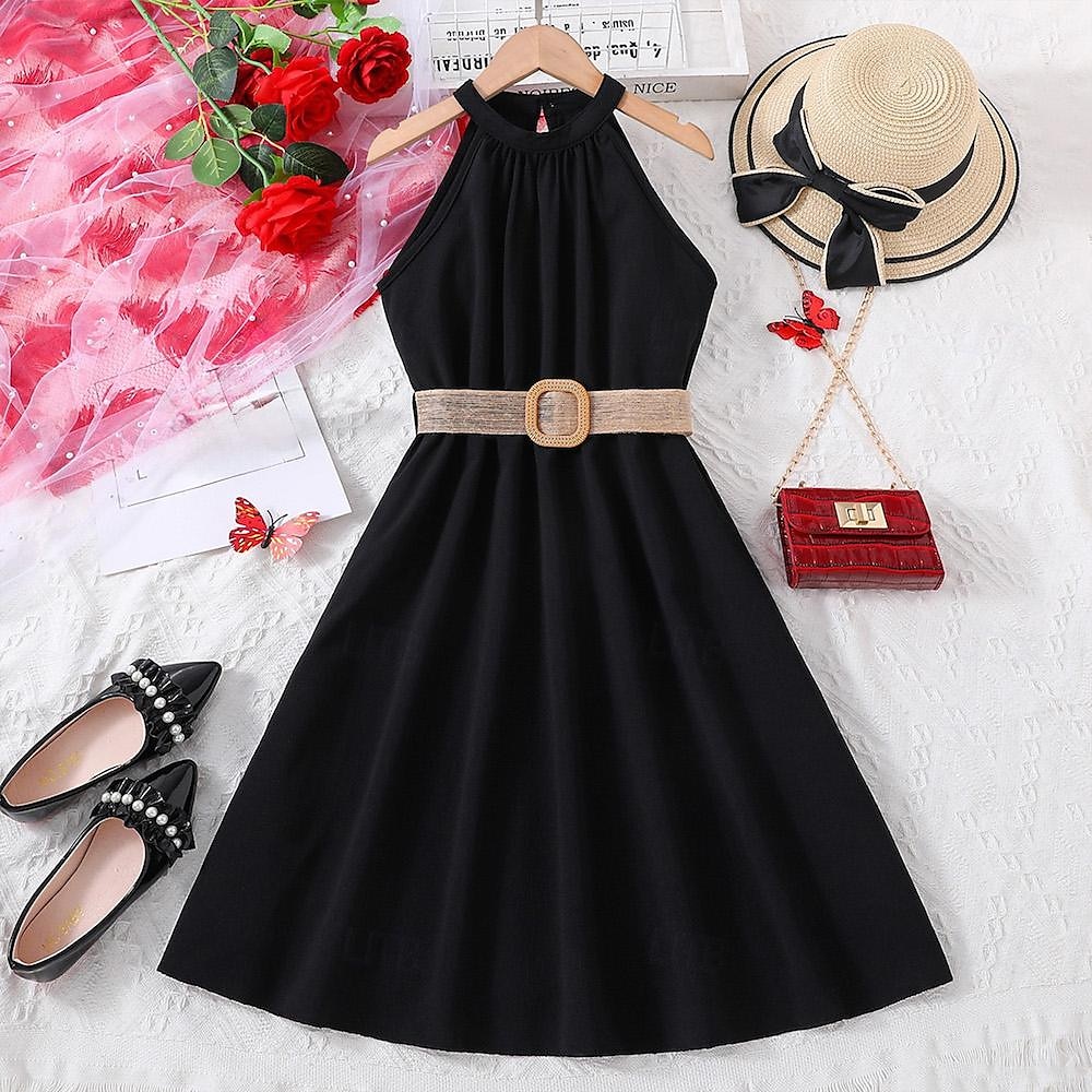 Kids Girls' Dress Solid Color Halter Neck Dress Above Knee Dress School Halter Off Shoulder Sleeveless Fashion Dress 7-13 Years Summer Light Green 2025 - $22.99 –P16