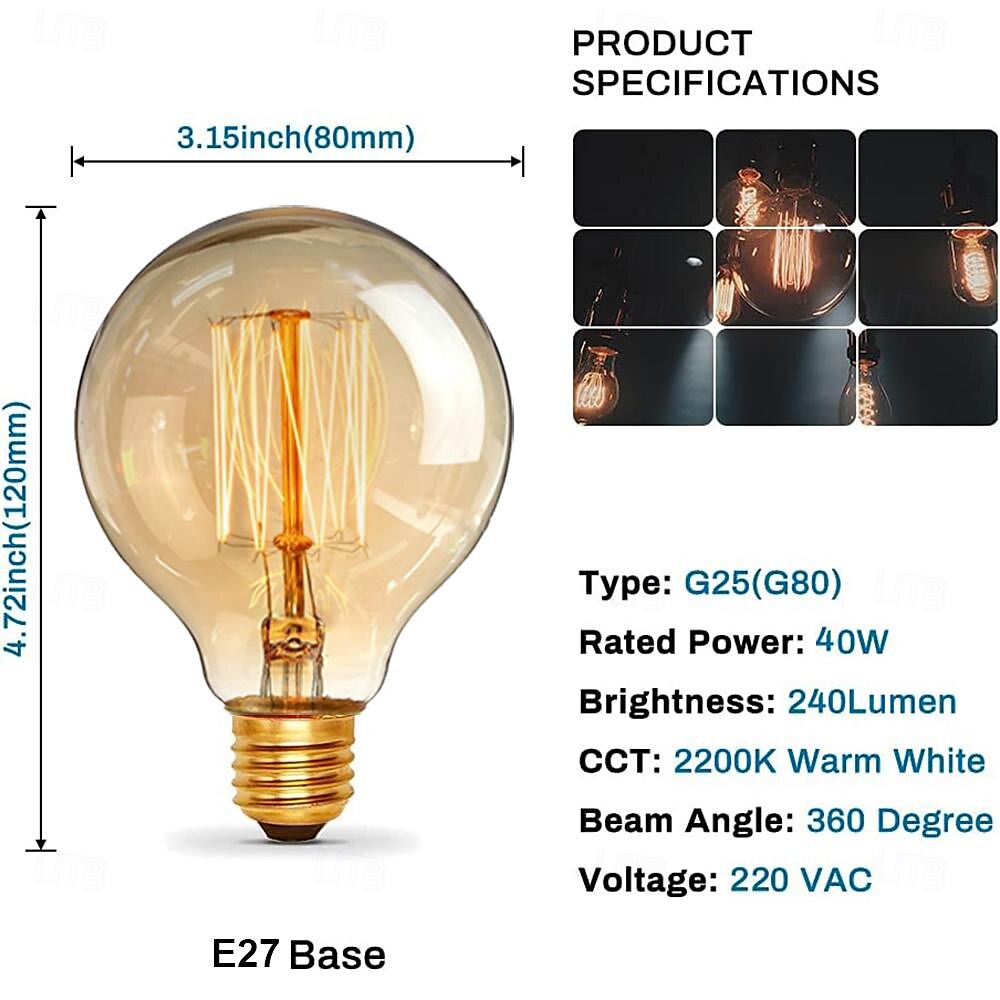1/2pcs 40W Edison Bulb G80 G95 G125 Dimmable Retro Bulb E27/E26 Base Antique Straight Bulb Amber Glass 2200k Warm Yellow Incandescent Bulb Used for Home Lighting Decoration AC110V AC220V 2025 - $8.49 –P4