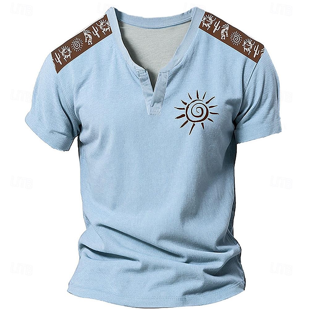 Męskie Słońce Aztek Podkoszulek Koszula Henley Krótki rękaw Druk 3D Designerskie Etniczne Codzienny Lato Niebieski Zielony Khaki W serek Henley Koszulka Henley 2025 - $23.99 –P5