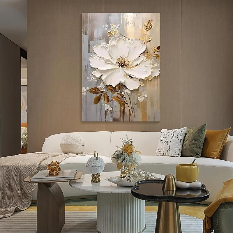 handmålad texturerat guld blomma oljemålning väggkonst abstrakt vit blomma målning på duk minimalistisk modern blommig oljemålning för vardagsrum målning elegant väggdekor fancy väggkonst 2025 - $116.99 –P6