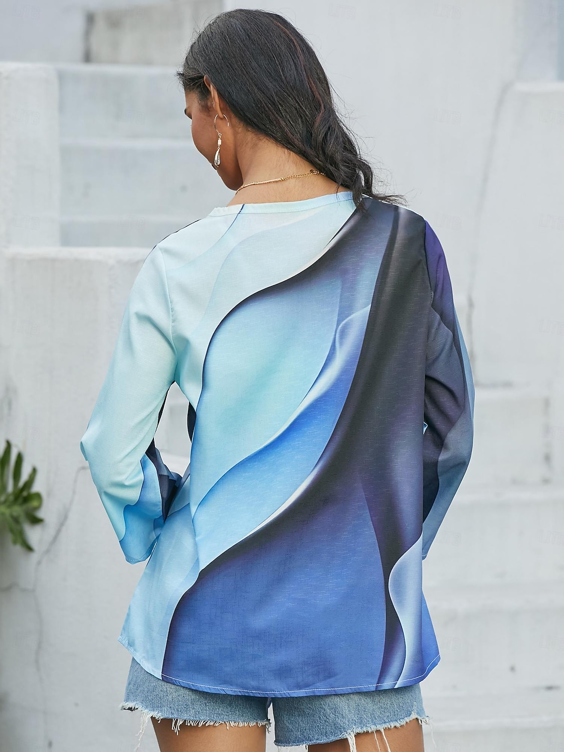 Damblus Chiffon Daglig Enkel Neon  Klara Abstrakt Tryck Lång Ärmar Långa Toppar Rund Hals Avslappnad Blå Höst  Vinter 2025 - $3.39 –P7