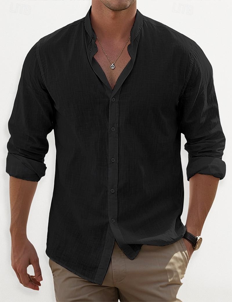 Voor heren Overhemd Overhemd met bandkraag Zomer overhemd Strand Kleding Overhemd met knopen Effen Casual Dagelijks Zwart Wit Blozend Roze blauw Lange mouw Band Kraag Lente zomer Kleding 2025 - $22.99 –P11